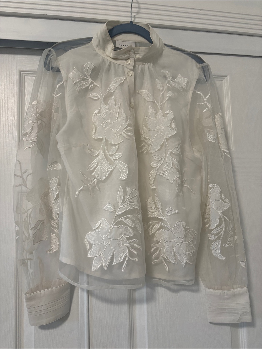 Topshop Sheer Floral Embroidered High-Neck Blouse - Cream
